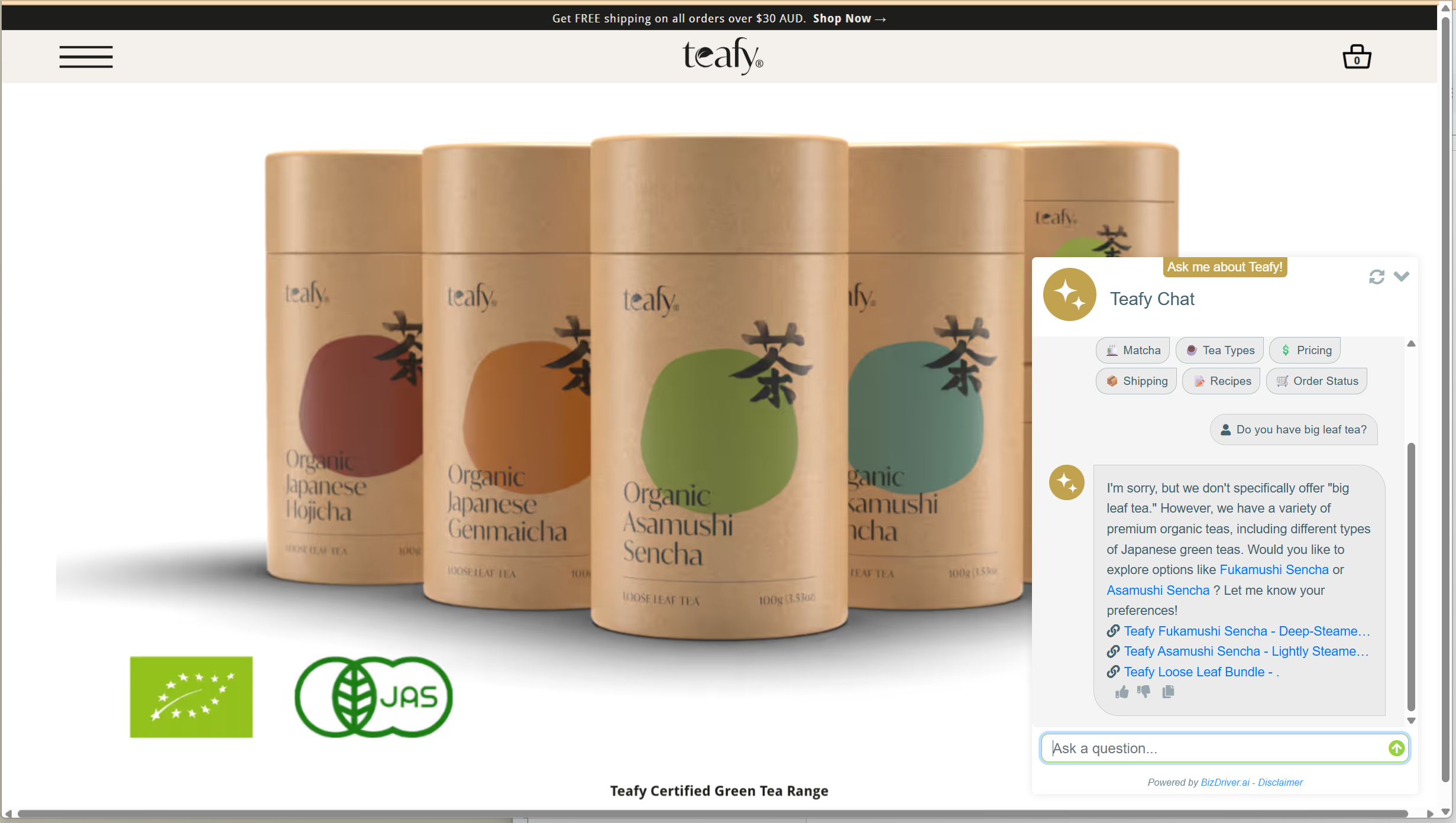 BizDriver.ai chat assistant on a website of online store showing answers to a customer's question