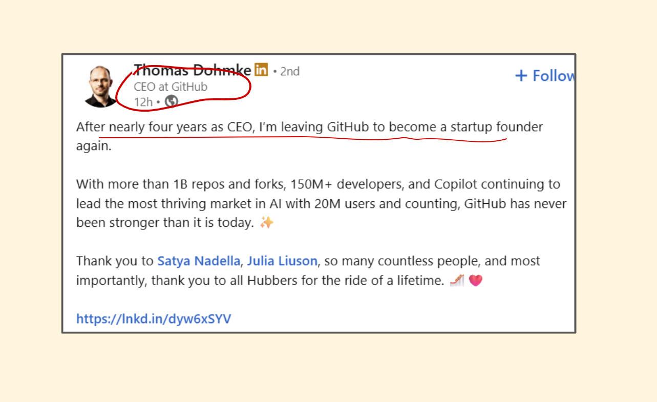 LinkedIn post about successful business founder starting a new business venture