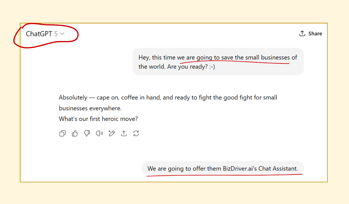 AI streaming dialog about helping small businesses save and earn on BizDriver AI Assistant
